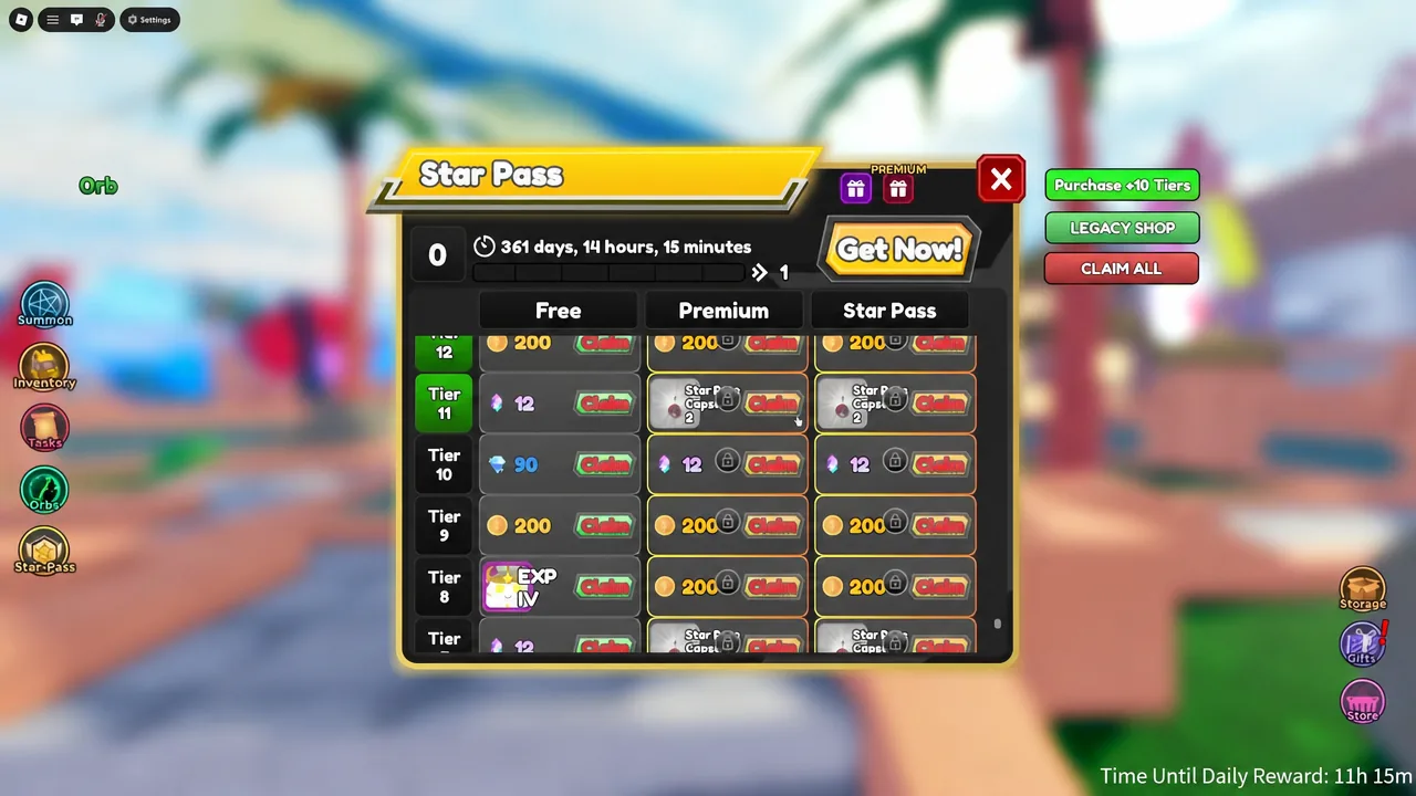 Star Pass reward tiers laid out in a row with Claim buttons under each unlocked reward.