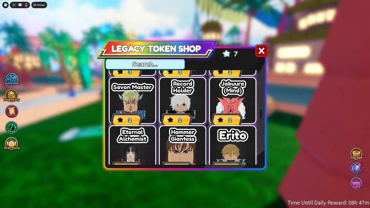The Legacy Token Shop with the search field active while looking up a unit by name.