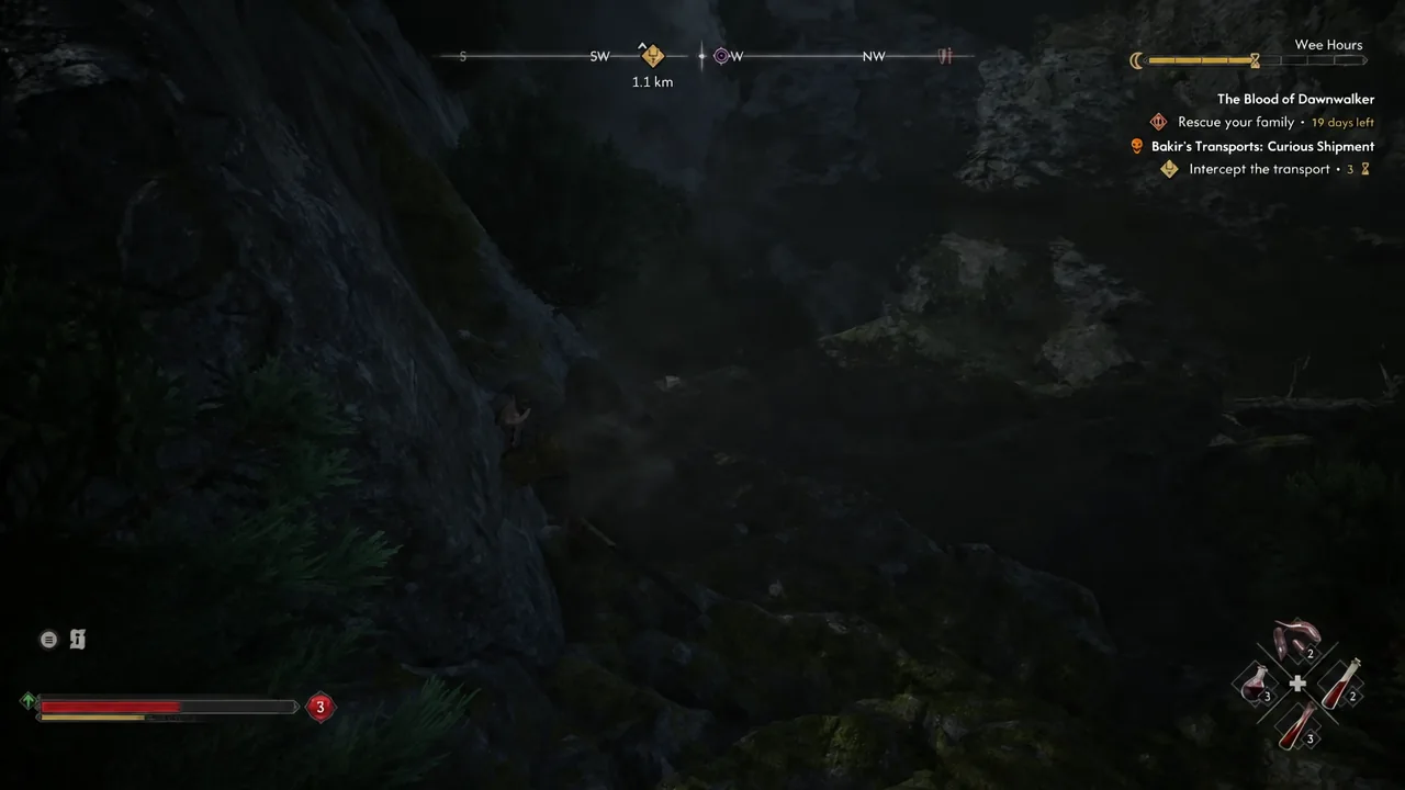Third-person view of the journey south with a distance readout of just over a kilometre to the objective
