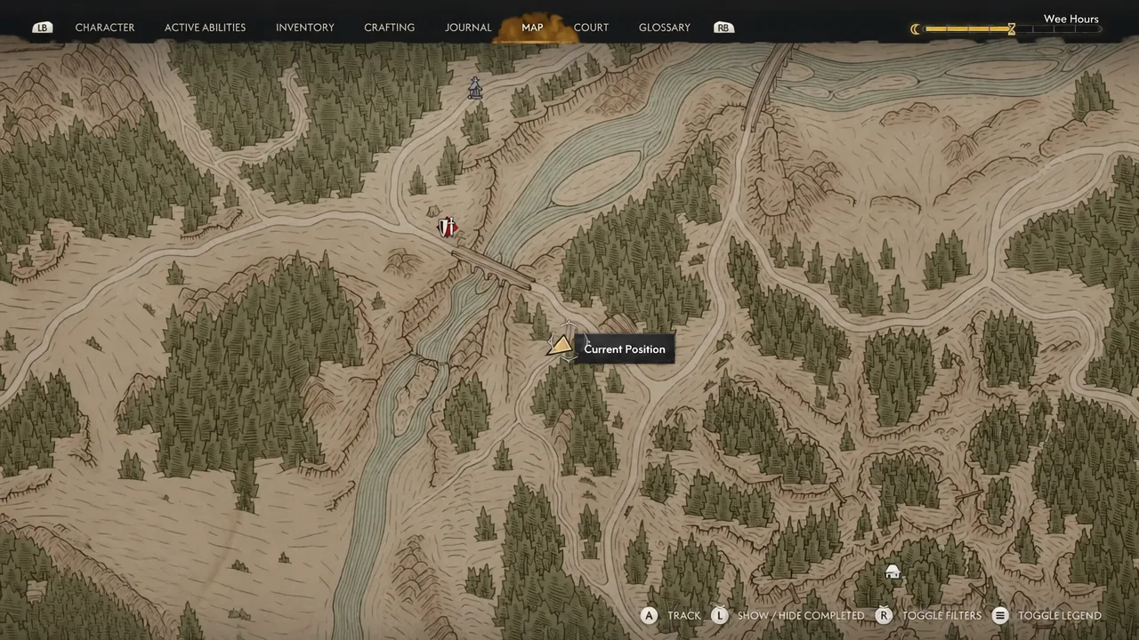 The Blood of Dawnwalker world map with the player's Current Position marker highlighted near Tastwood