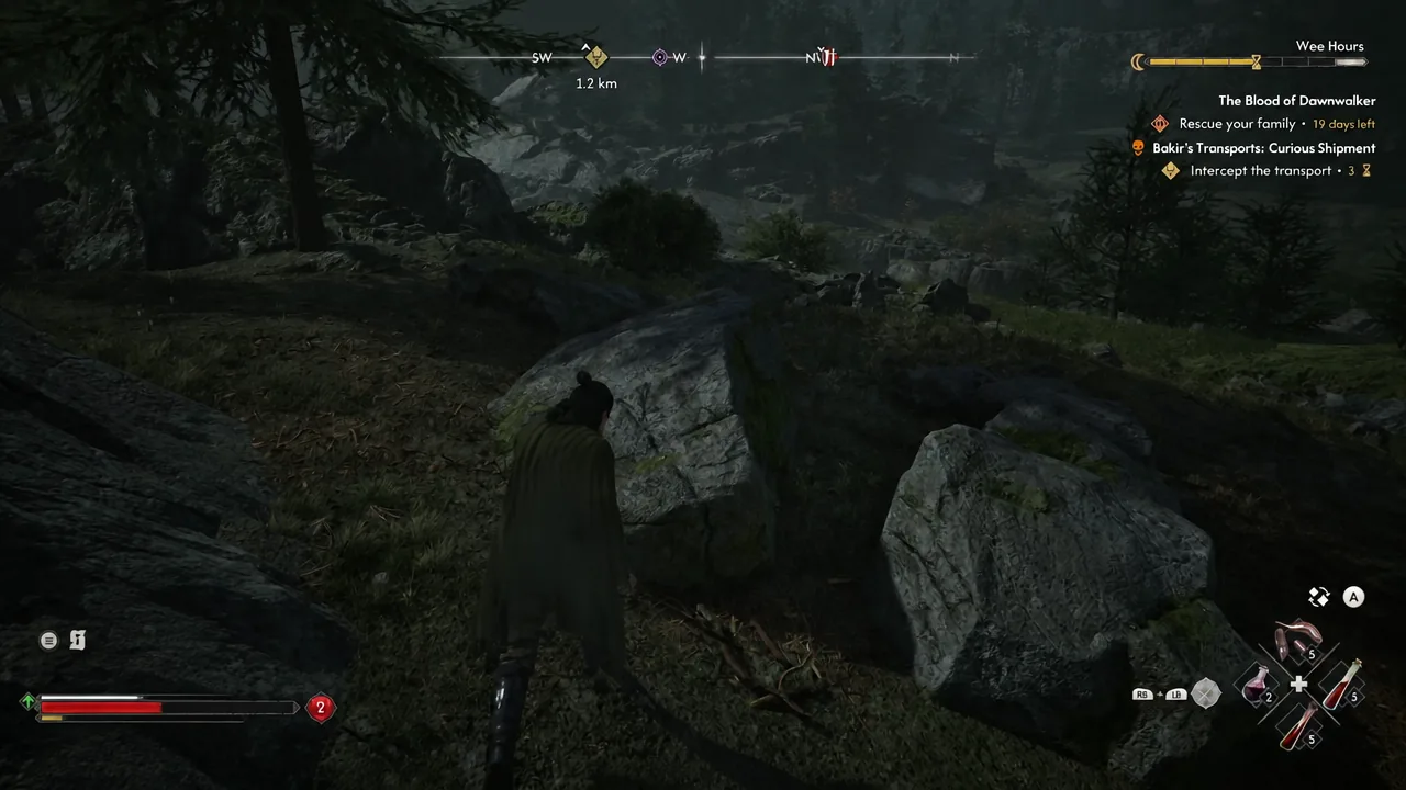 Coen running through woodland south of the starting area with a distant objective marker on screen