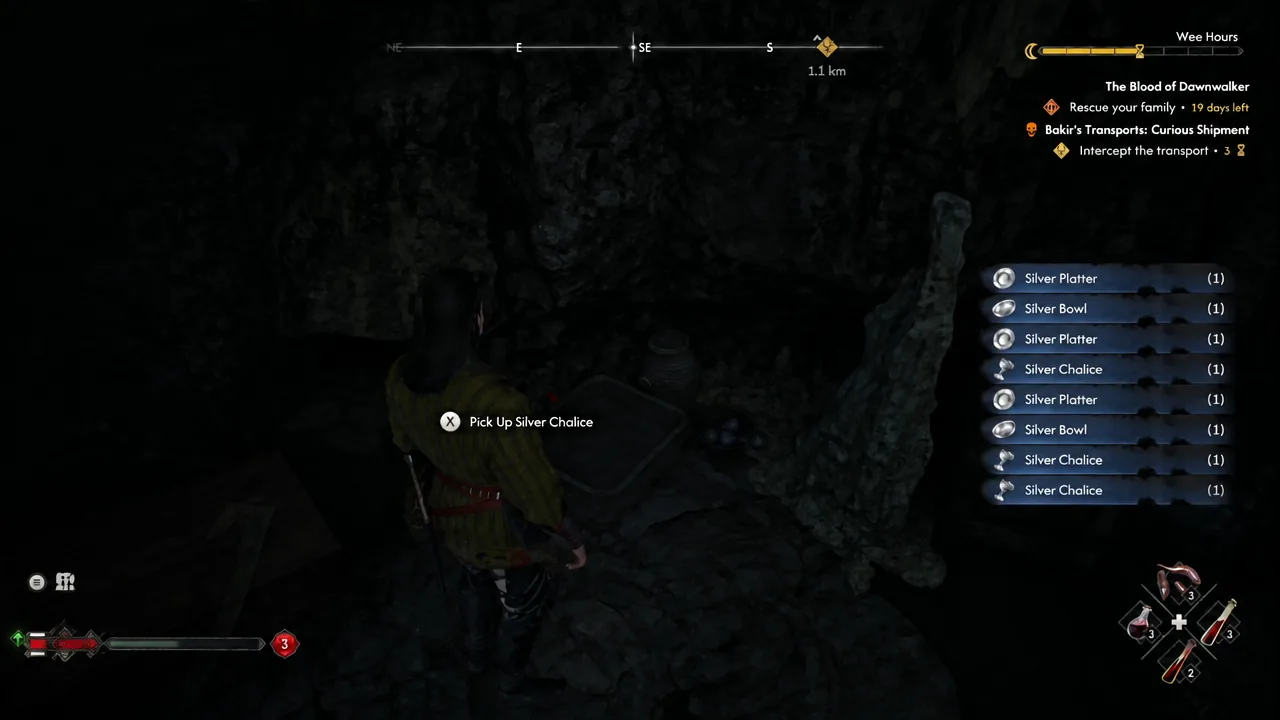 Pick Up Silver Chalice prompt on screen next to a loot list of silver tableware inside the cave