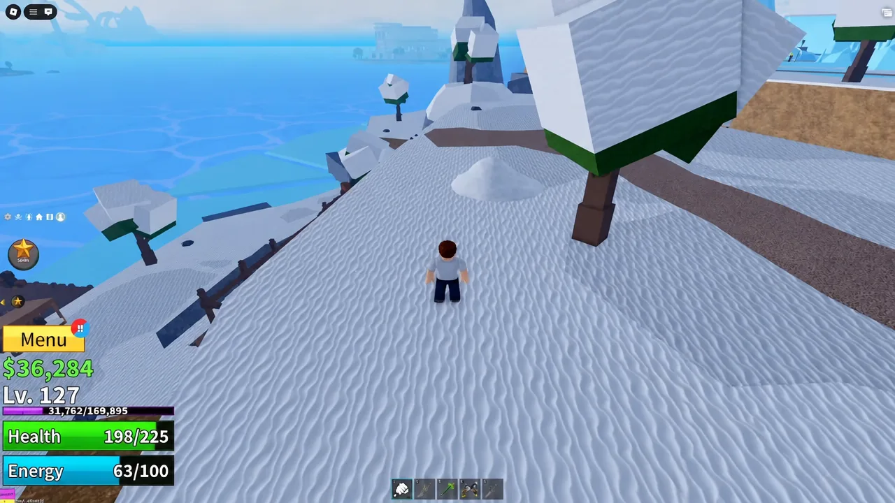 Blox Fruits gameplay view of a snowbound island during a leveling run