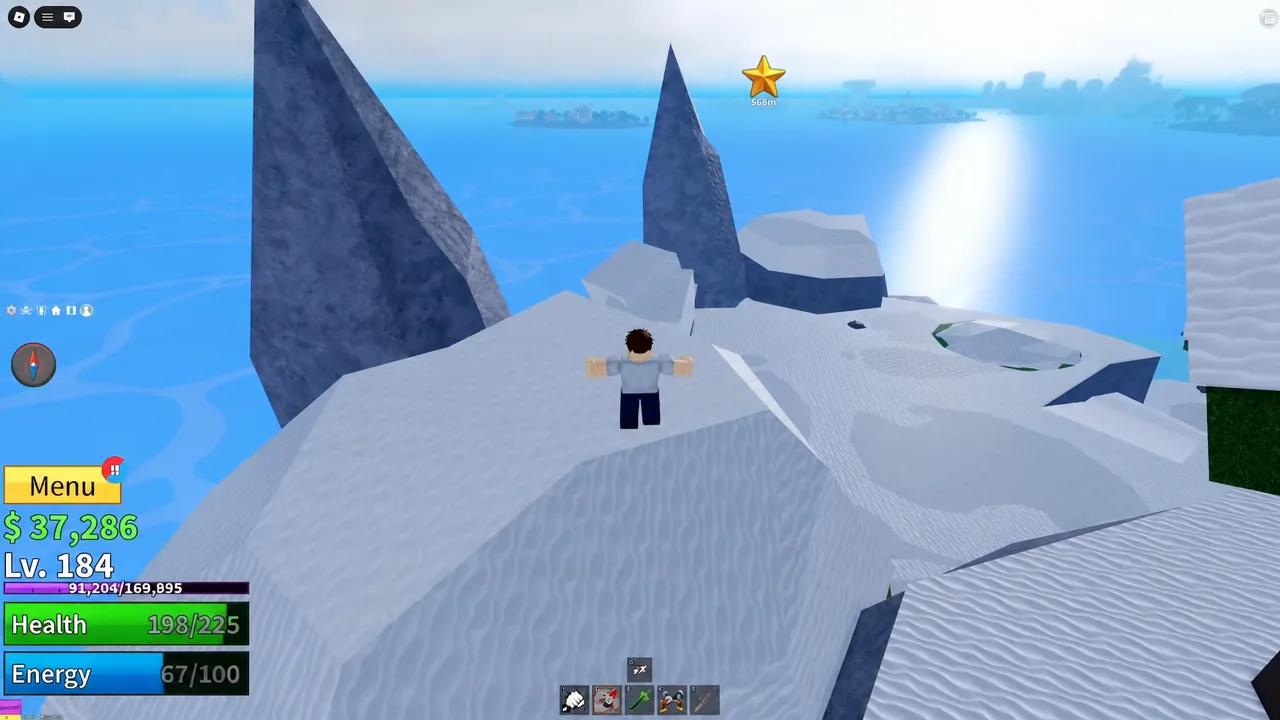 Player character standing in a snowy Blox Fruits village with the Menu button visible