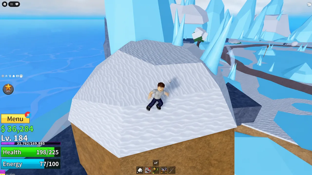 Character jumping between icy mountain peaks in the First Sea