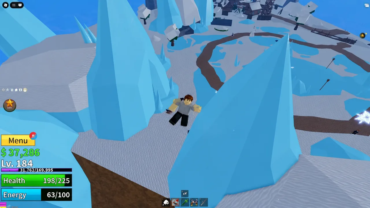 Menu button on screen while the player moves through an icy Blox Fruits area