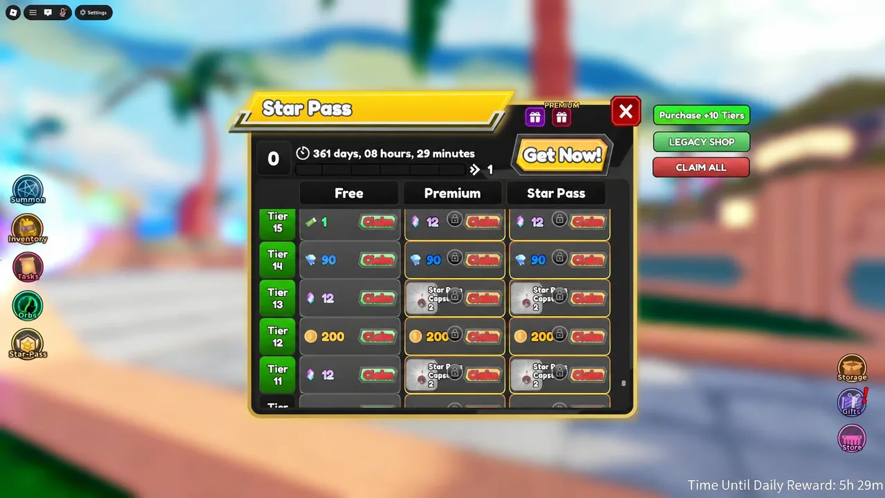 All Star Tower Defense lobby view where the Star Pass progression track is accessed