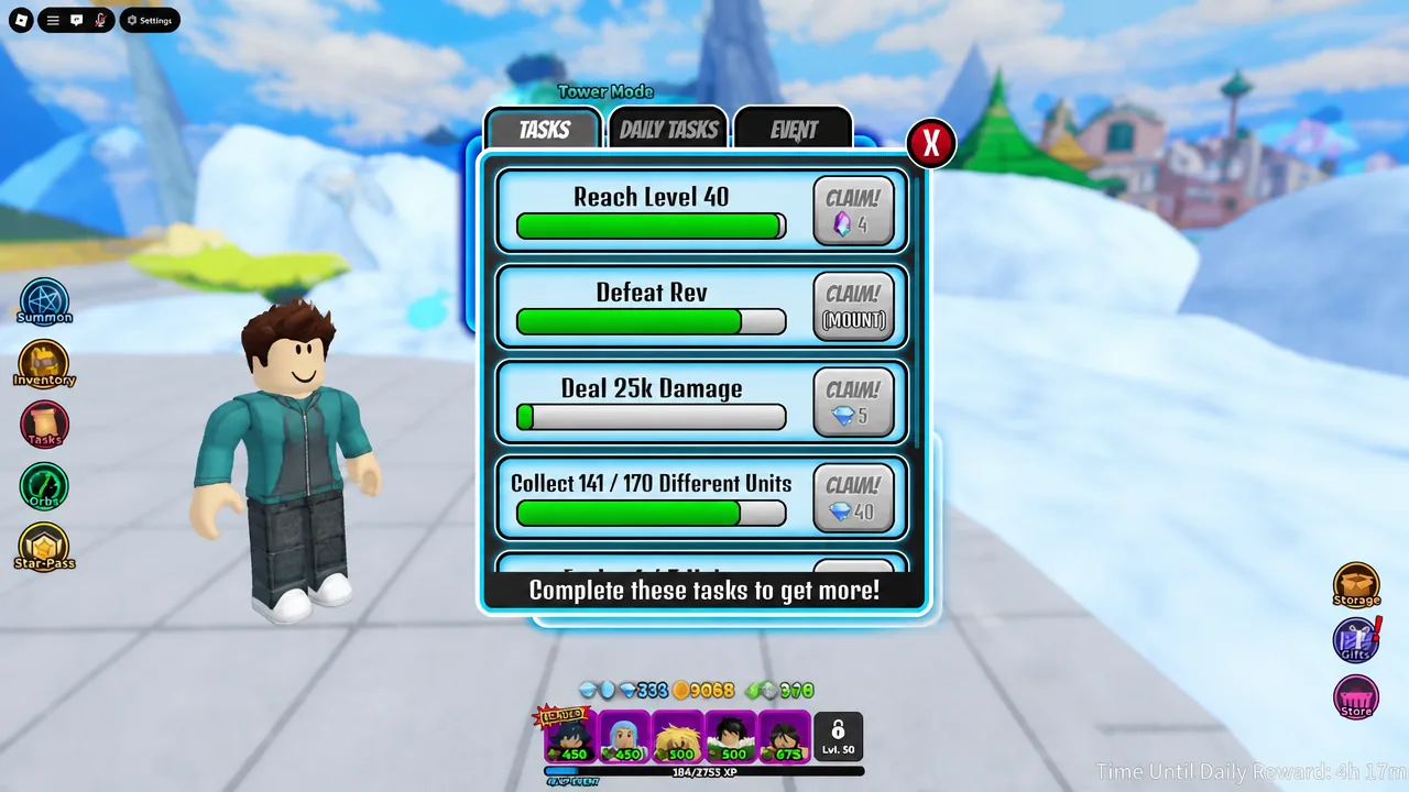 Tasks tab open in ASTD showing quest progress bars and Claim buttons