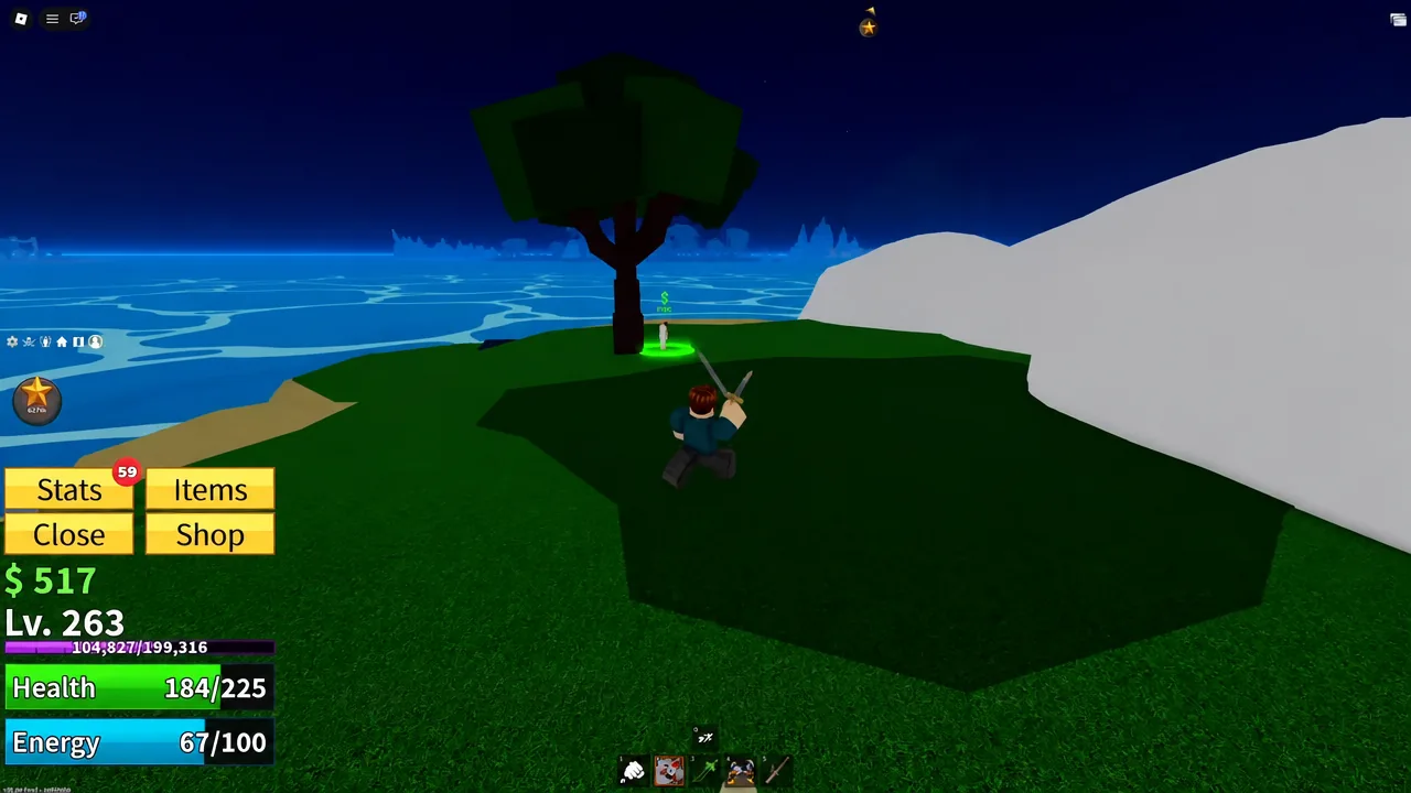 Player character walking up to the green-marked Mad Scientist shop area in Blox Fruits