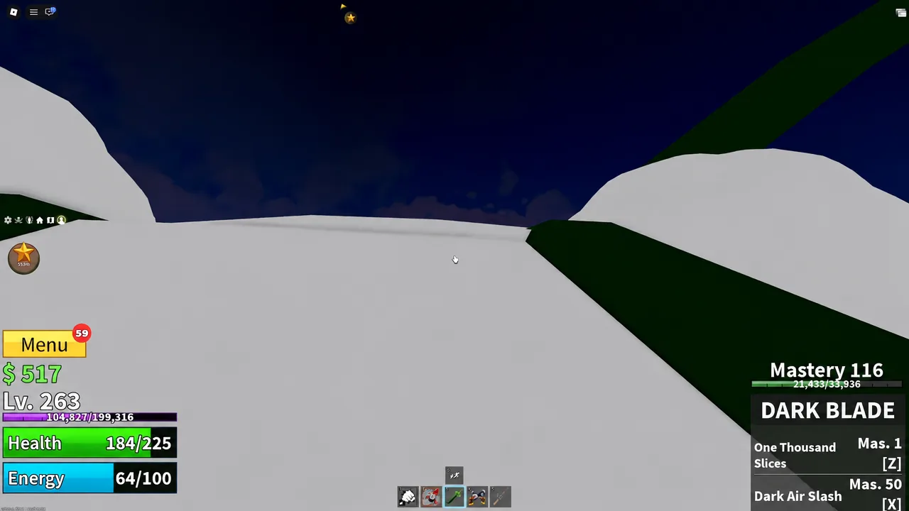 Dark Blade equipped in the Blox Fruits hotbar with its mastery panel on screen