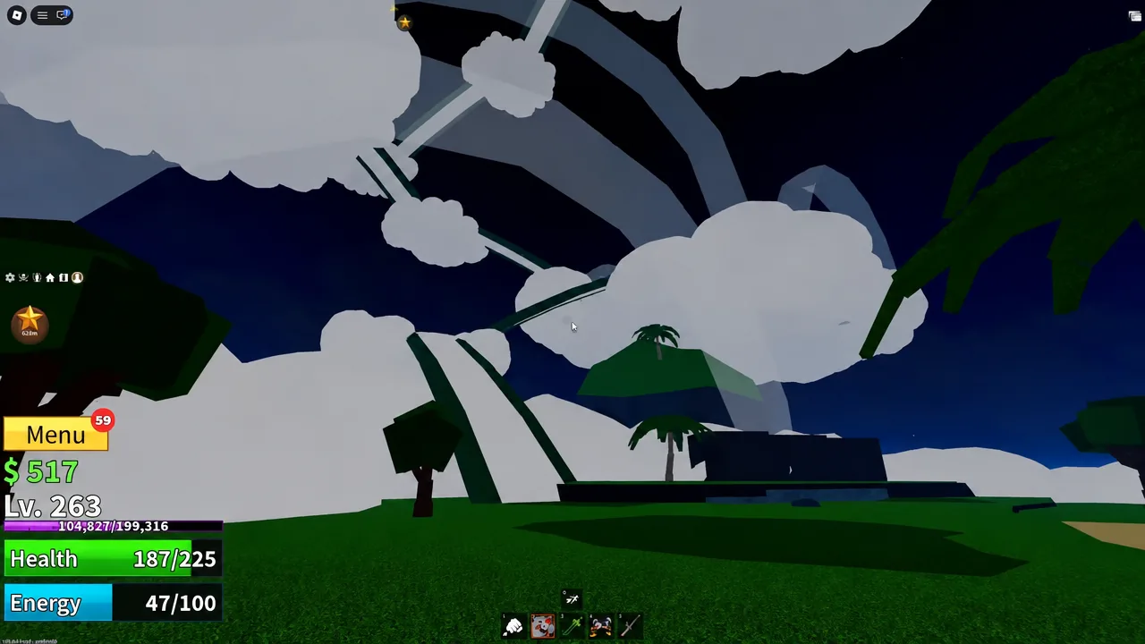 Blox Fruits player surveying a floating Skylands island and the cloud layer above it