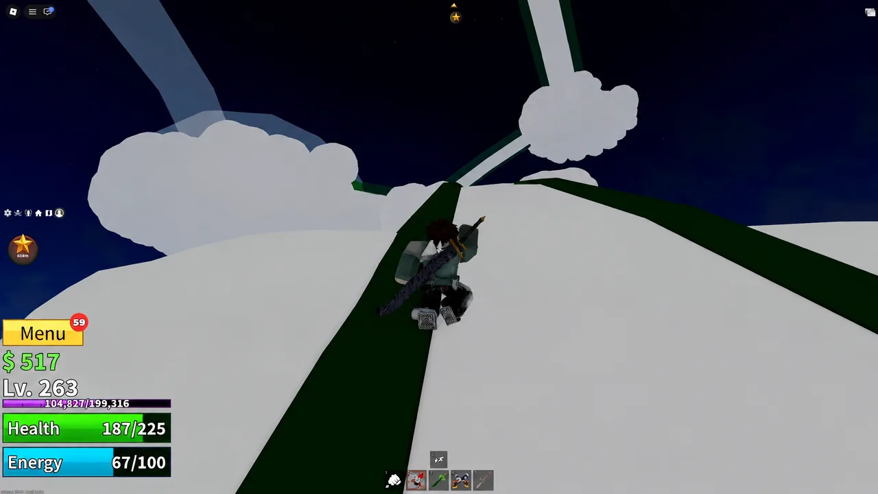 Avatar crossing the pale terrain of a Skylands island while hunting for charged clouds