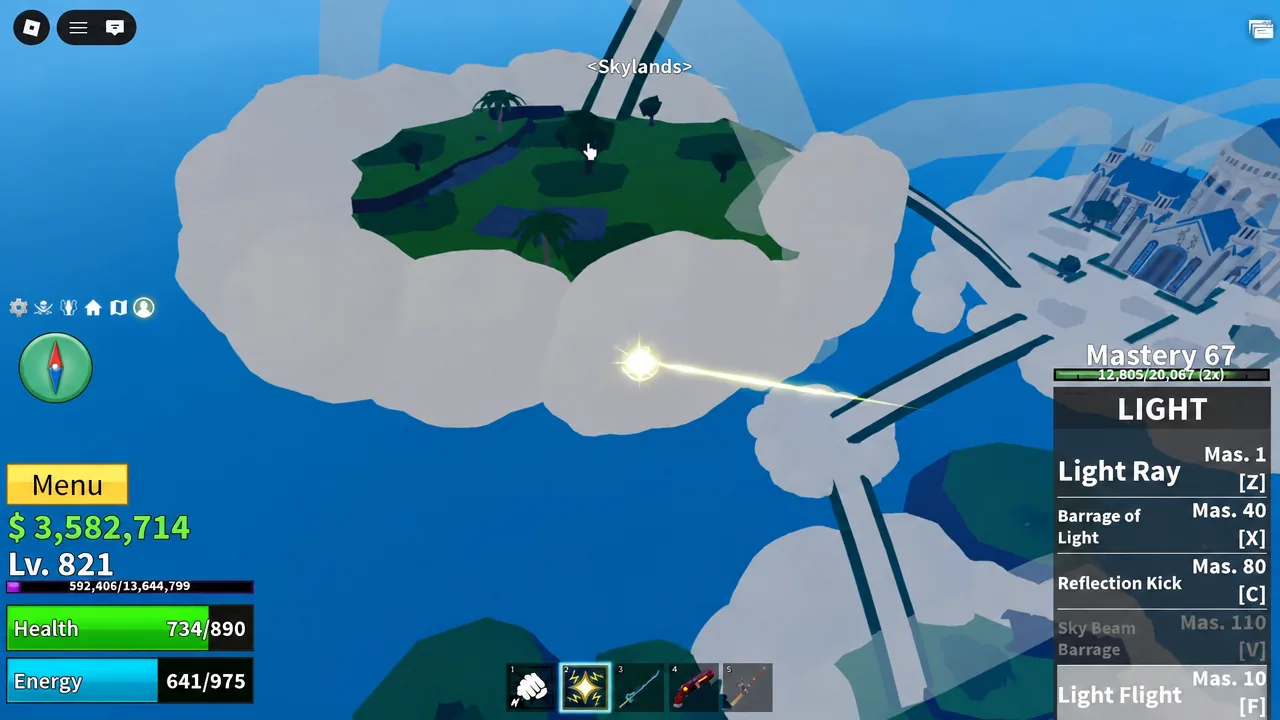 Firing a Light Ray at a cloud in the Skylands to break it open