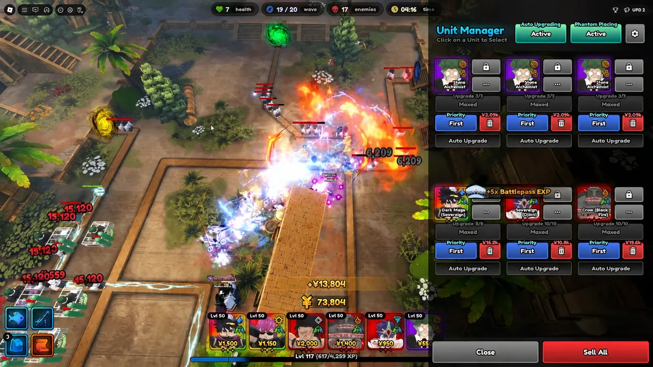 Unit Manager panel with Auto Upgrading and Phantom Placing toggled to Active during a wave