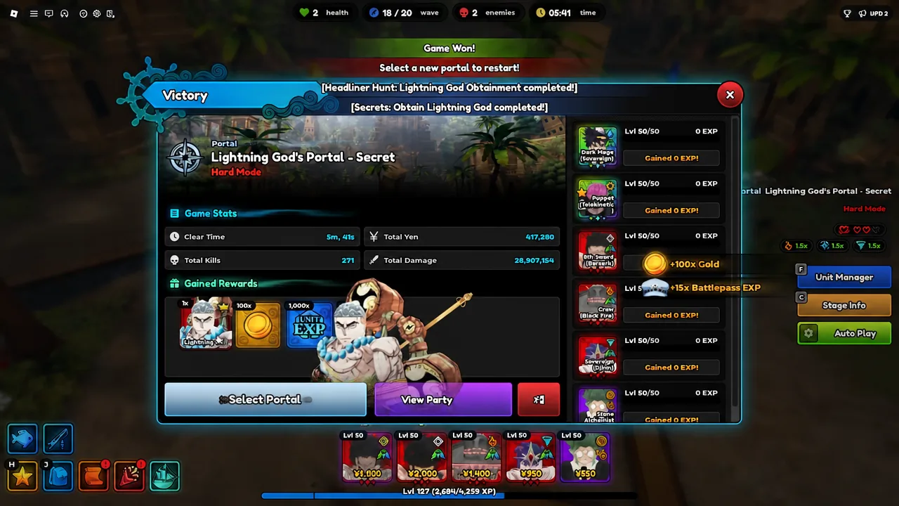 Victory screen after clearing the portal with the Select Portal button highlighted