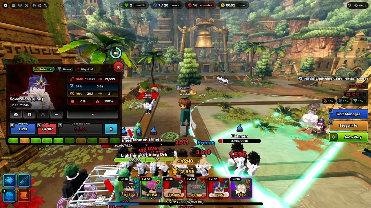 Unit panel open inside Lightning God's Portal Secret Hard Mode showing upgrade and sell options