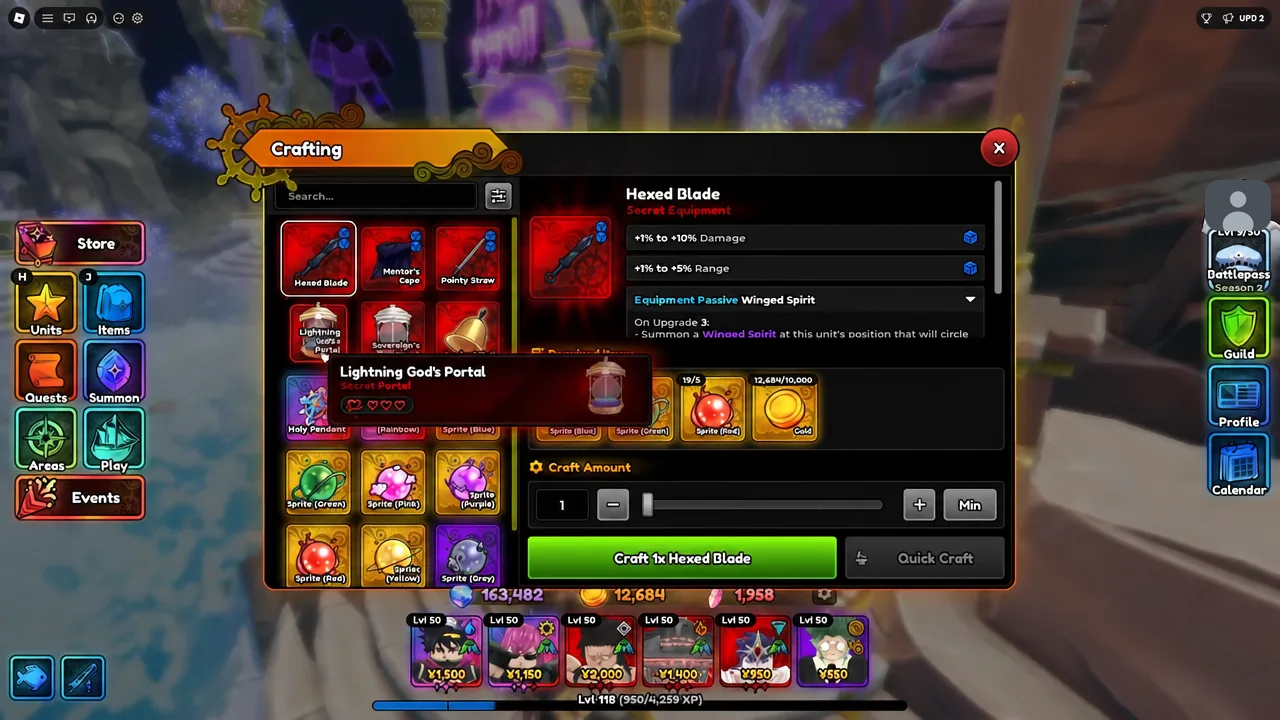 The Anime Expeditions Crafting menu with a recipe selected and the craft button ready