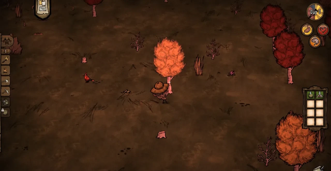 Player character standing next to an orange tree with the crafting toolbar and inventory on screen