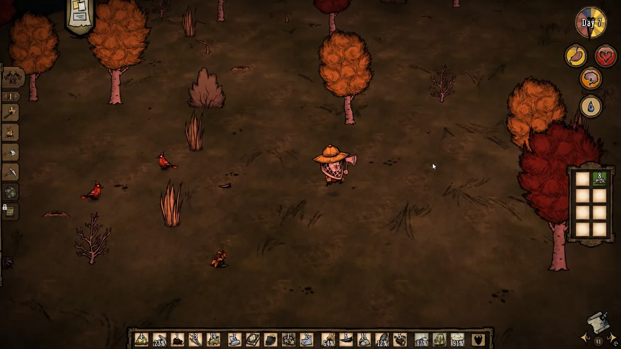 Crafting menu and inventory open on the gameplay screen beside the survival status meters