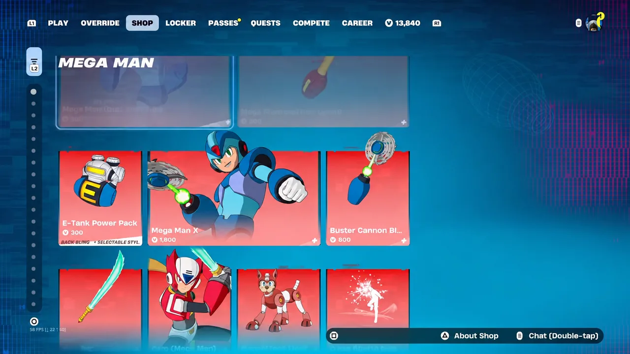 Fortnite Shop tab open on the Mega Man collection page