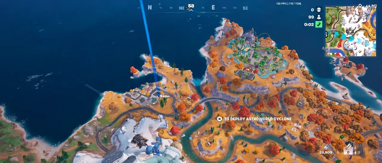 Player gliding down toward a town POI at the start of a solo match