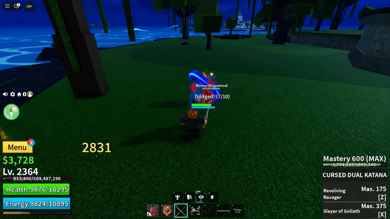 Cursed Dual Katana equipped in the hotbar during a fight with a magnetized Monkey