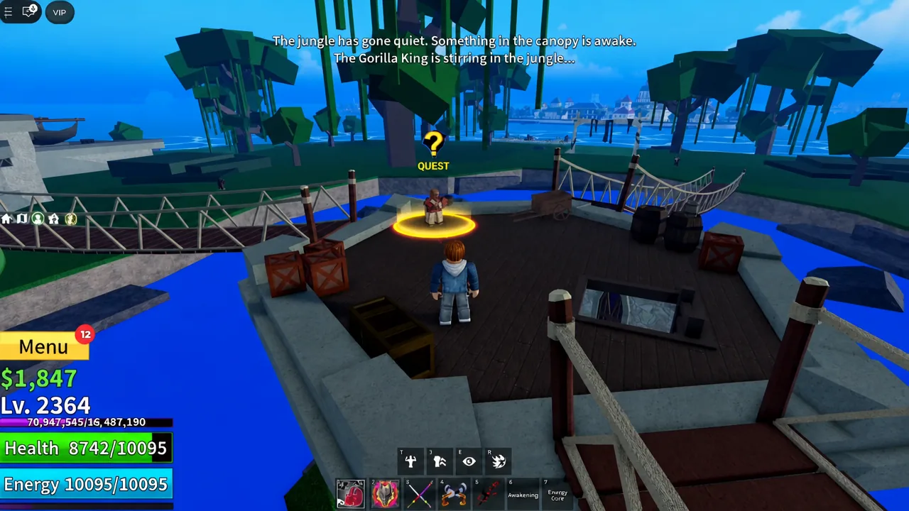 Yellow quest marker over an NPC as the player walks up to start a quest