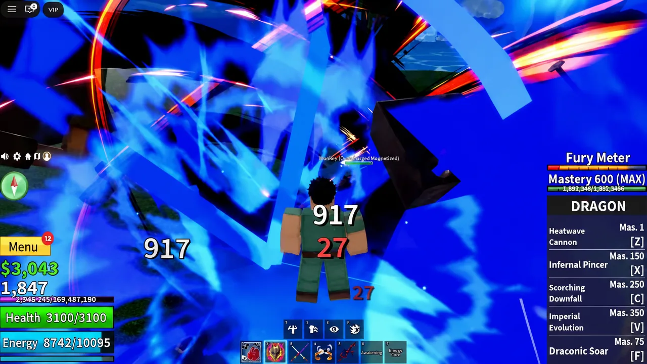 Dragon ability bar on screen while the player hits a magnetized Monkey surrounded by blue effects