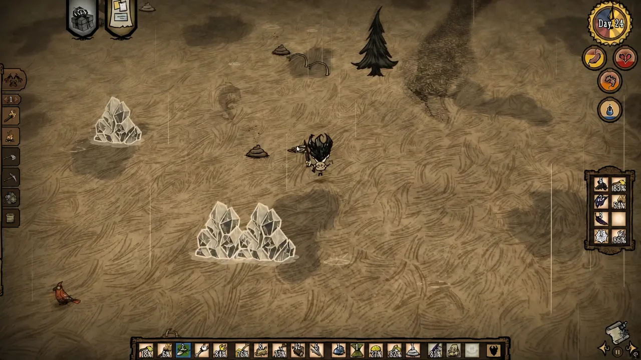 Wilson walking through the world in Don't Starve Together with the survival HUD on screen