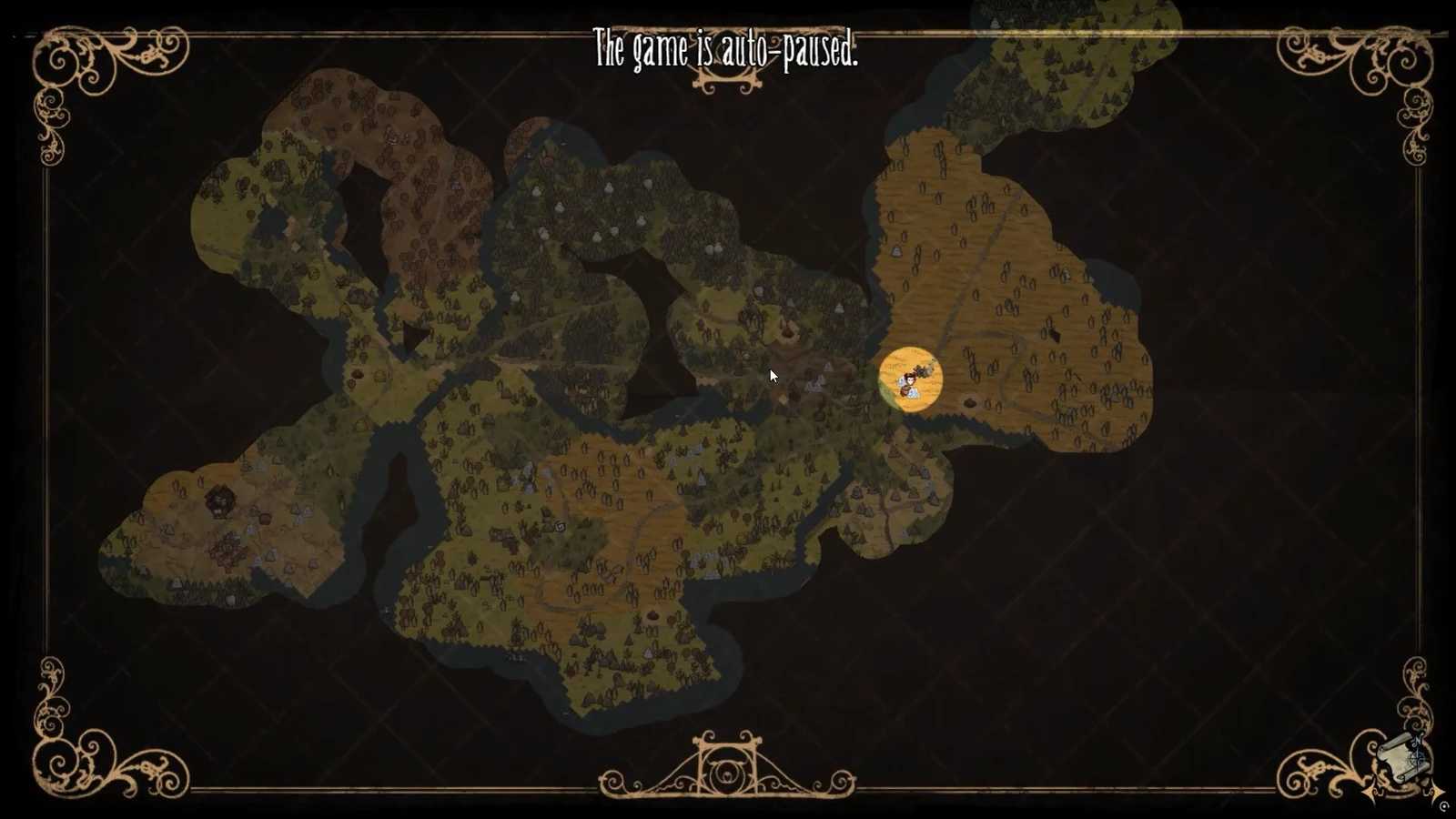 The auto-paused world map with the player's position marked by a yellow circle