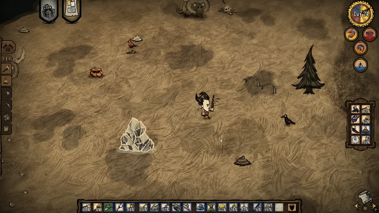 Wilson exploring a grassy area with the inventory hotbar and status meters on screen