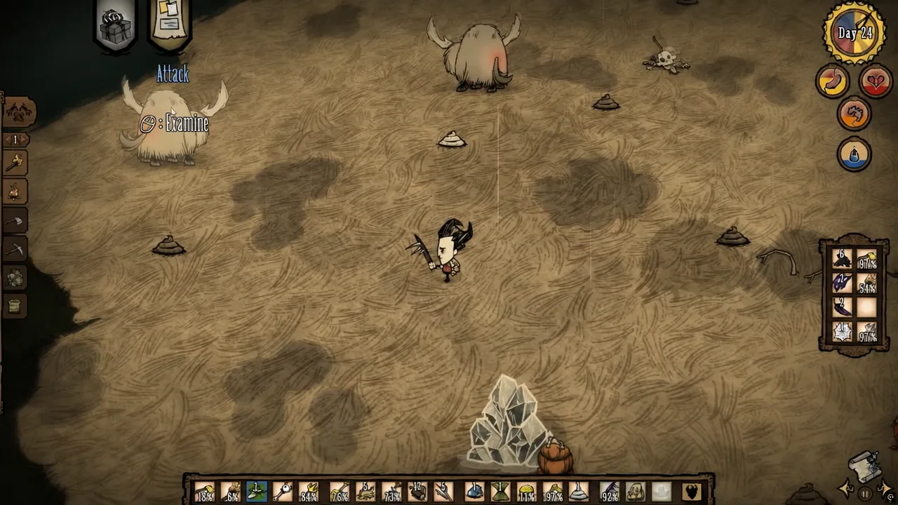 The attack command hovering over a Beefalo with an examine prompt visible on screen