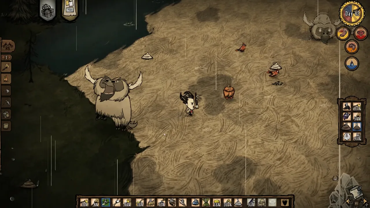 Wilson standing next to a Beefalo in the rain on day 42 with inventory visible
