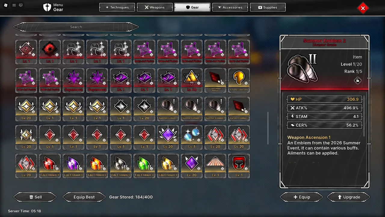Summer Emblem 2 in the Gear tab, with its stat lines shown before upgrading.