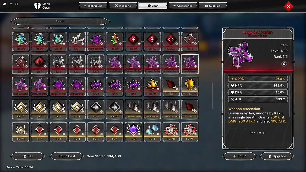 Gear tab of the Jujutsu Zero menu with Kaku-Aoi Fusion selected and its stat rolls shown
