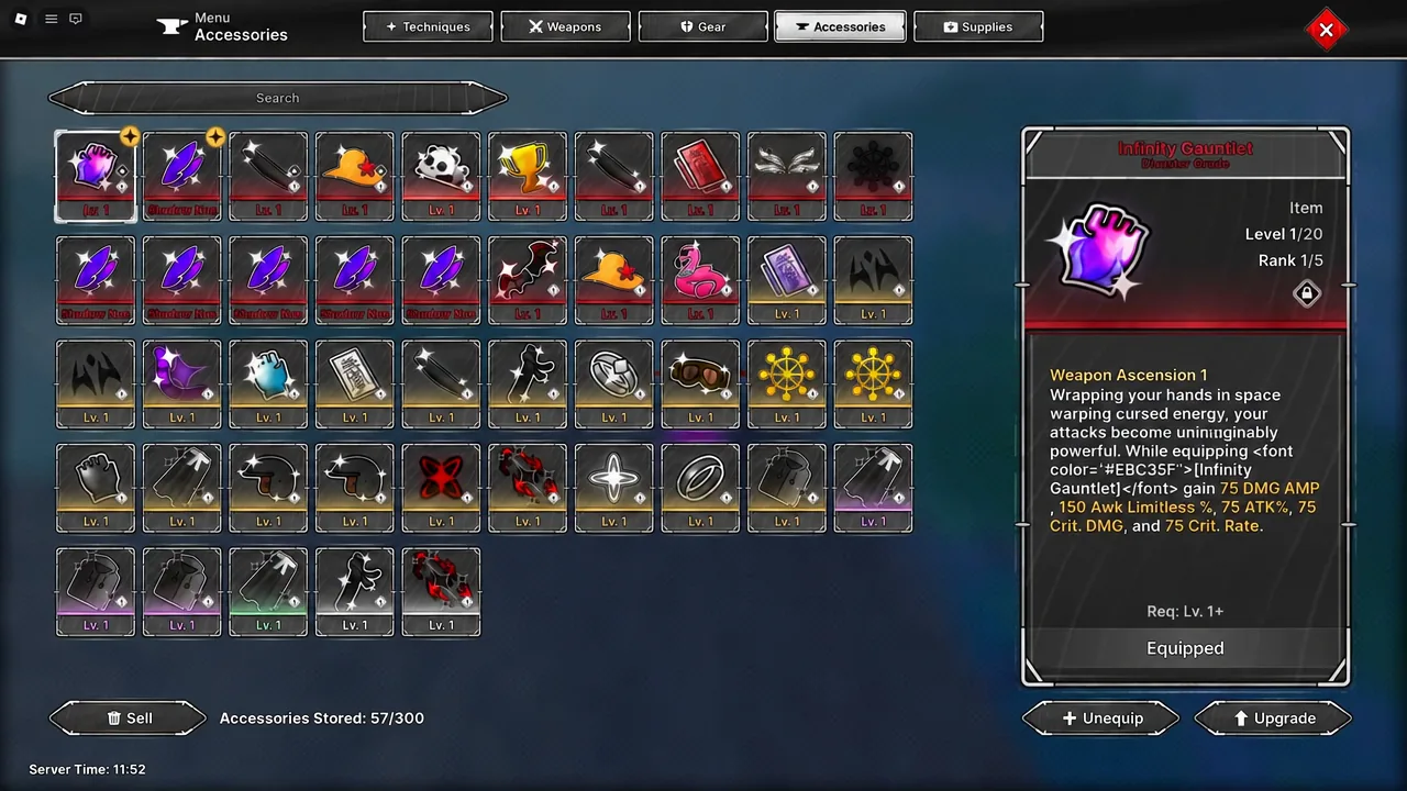The Infinity Gauntlet equipped in the Accessories menu, with the Upgrade option used for refining.