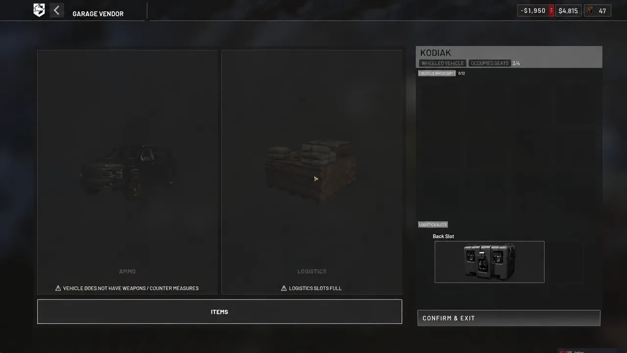 Garage Vendor screen with the Kodiak's logistics slots filled before confirming the purchase