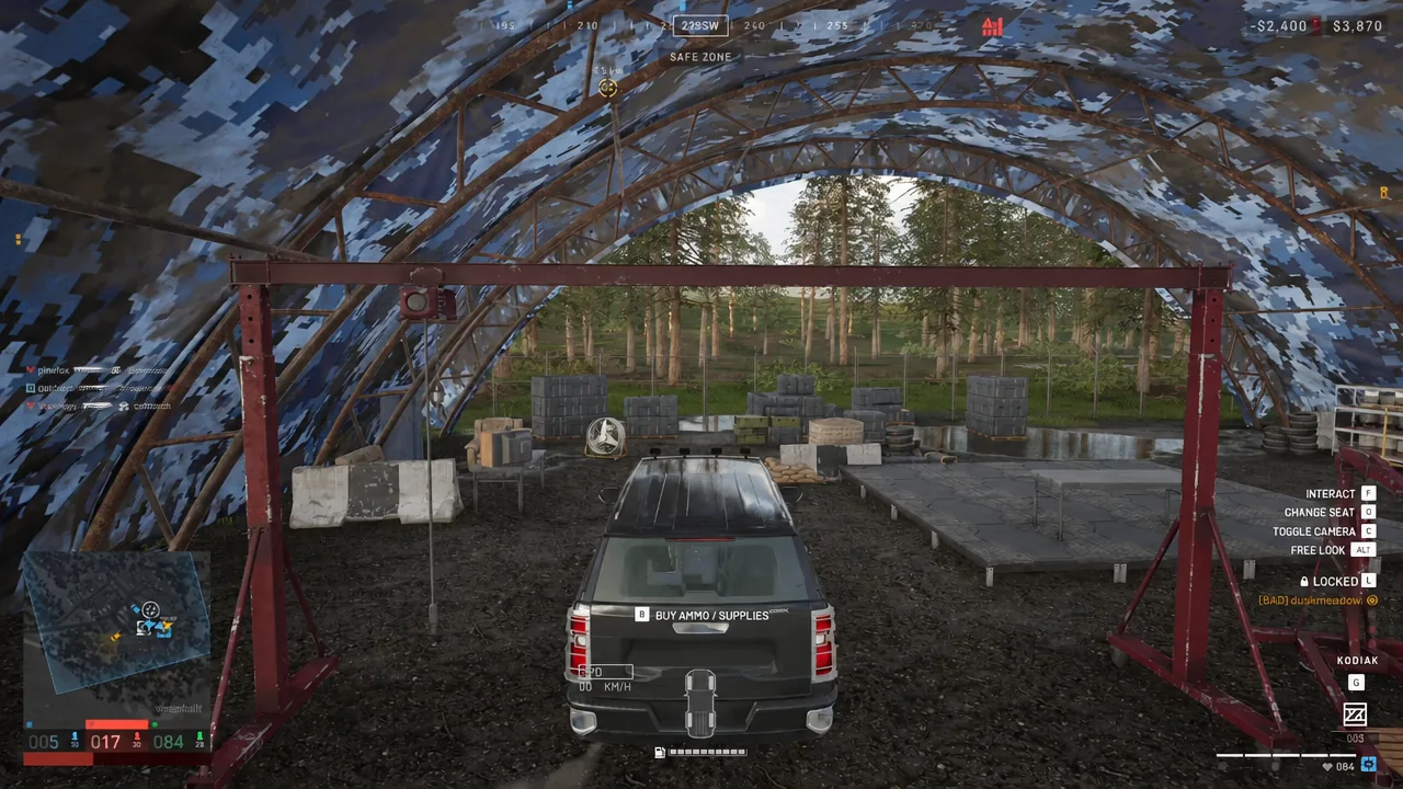 Vehicle HUD showing the B BUY AMMO / SUPPLIES prompt inside the safe zone