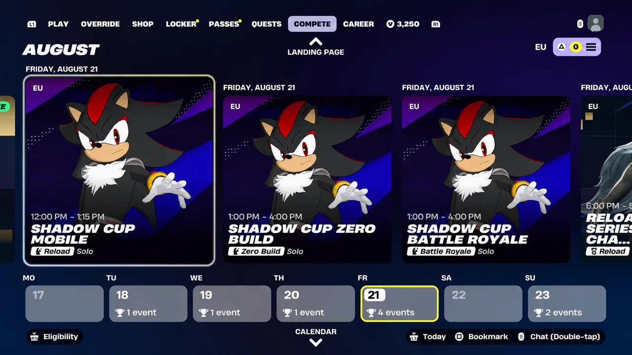 Fortnite Compete tab with a Cup event card selected, showing the mobile and standard tournament entries