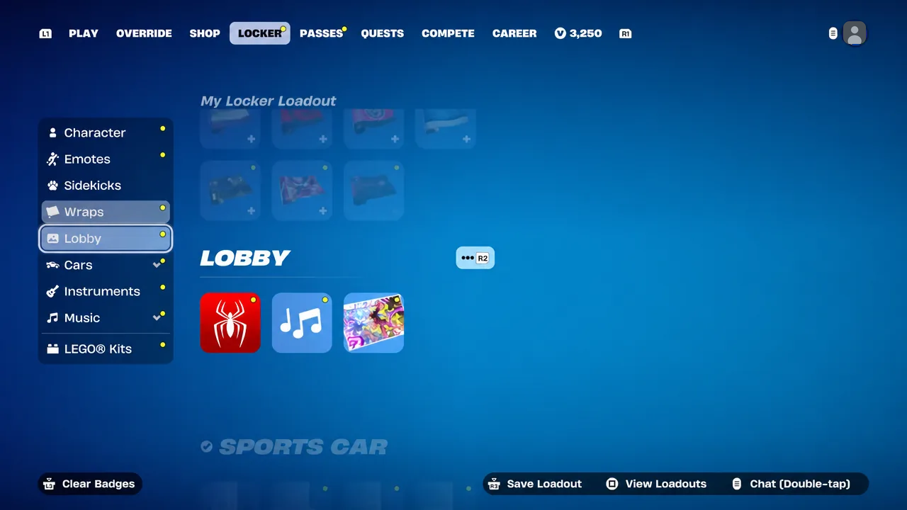 Fortnite Locker screen with the Lobby slot highlighted while reviewing an equipped loadout