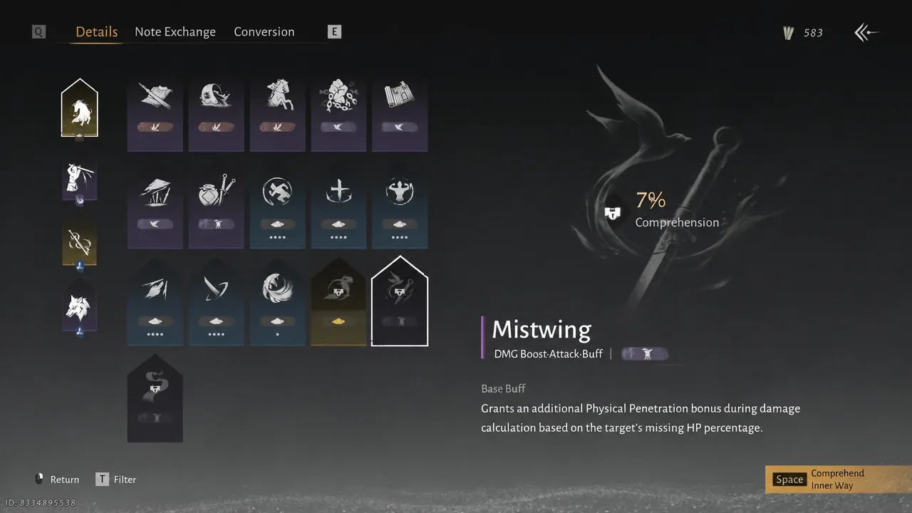 Mistwing selected in the Inner Way menu with the prompt to comprehend the Inner Way