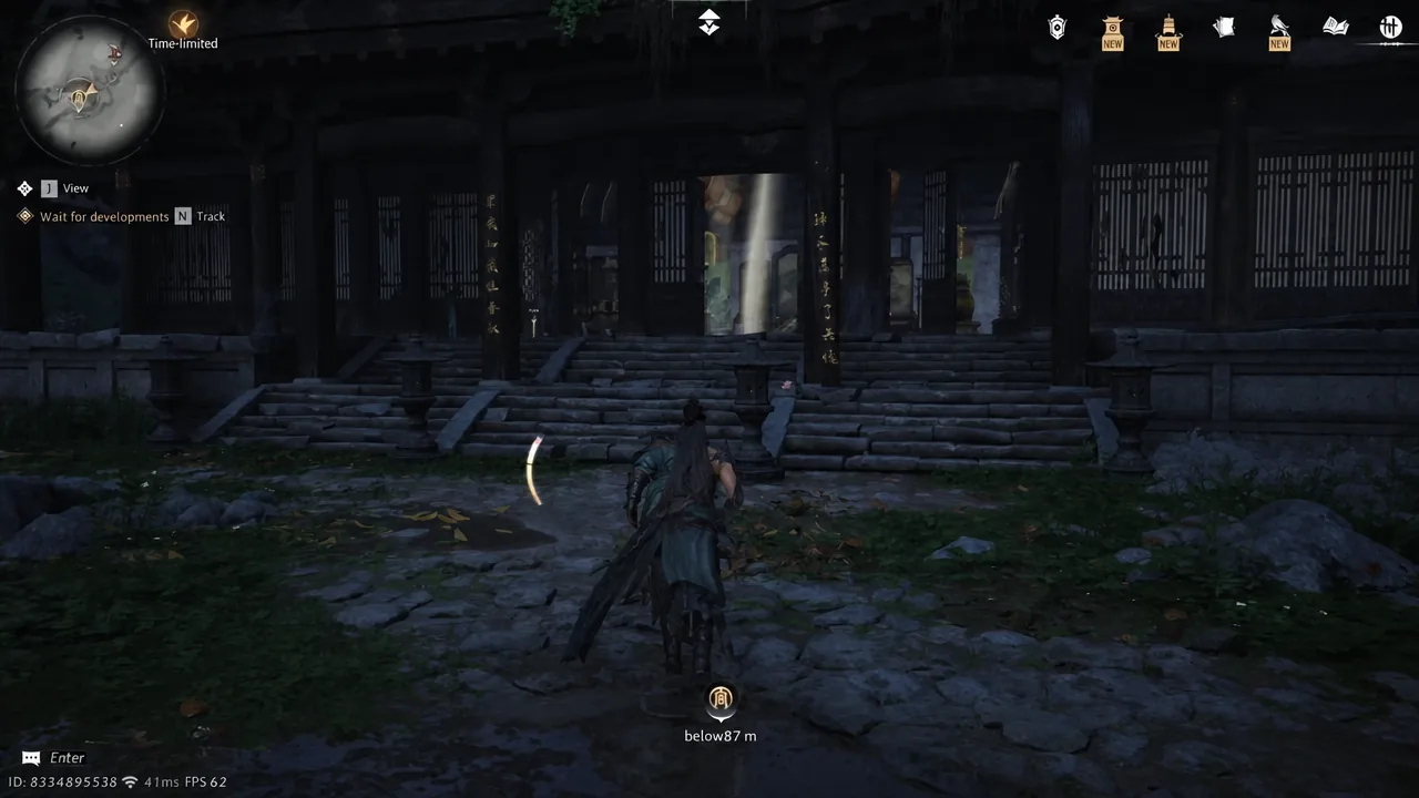 Player gliding across Qinghe toward the marked temple location below the waterfall