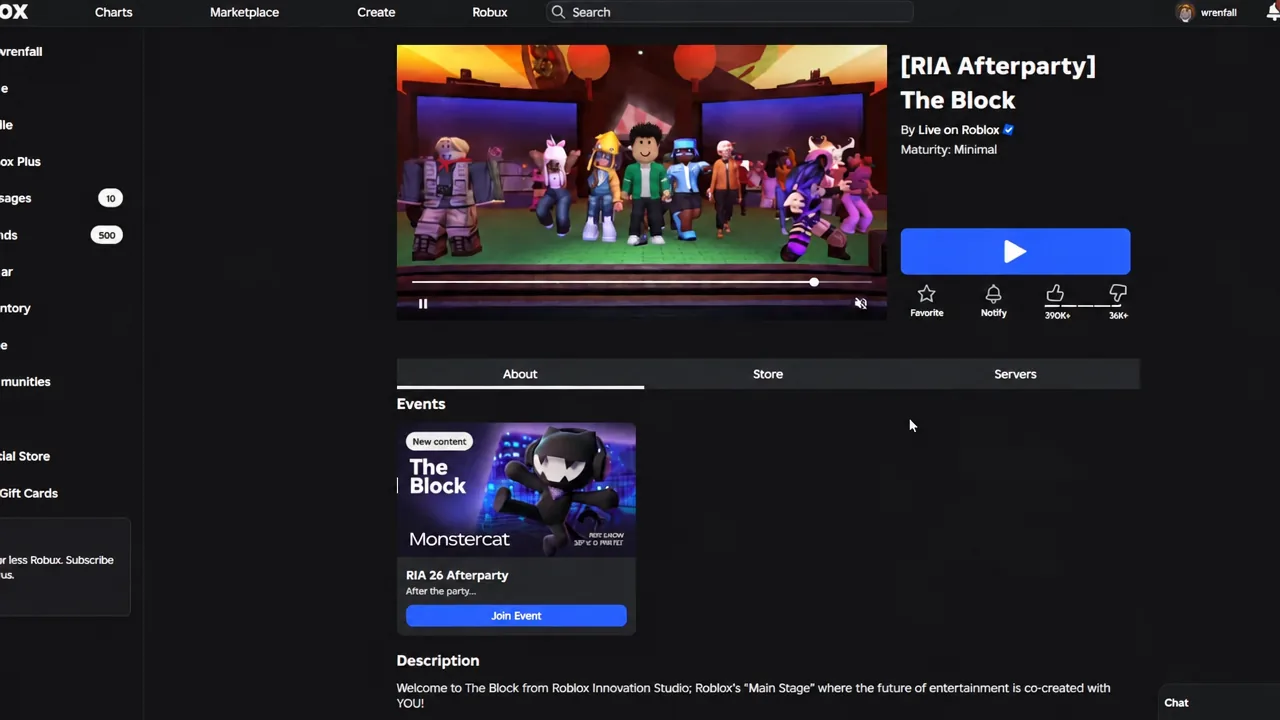 Roblox experience page for [RIA Afterparty] The Block with the About tab open and the Play button ready