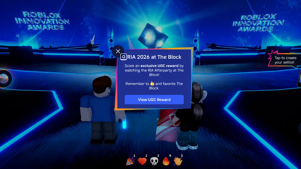 RIA 2026 at The Block pop-up with the View UGC Reward button highlighted
