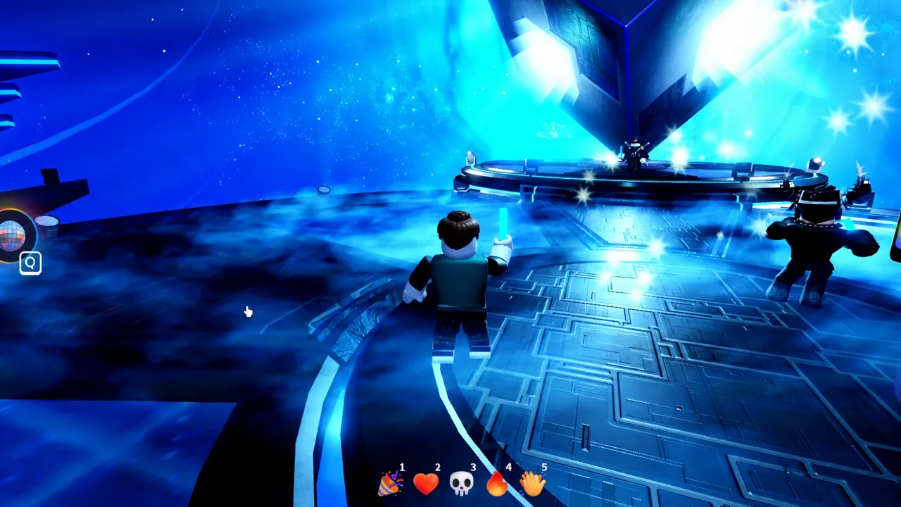 Avatar walking toward a glowing platform with the interaction button on screen