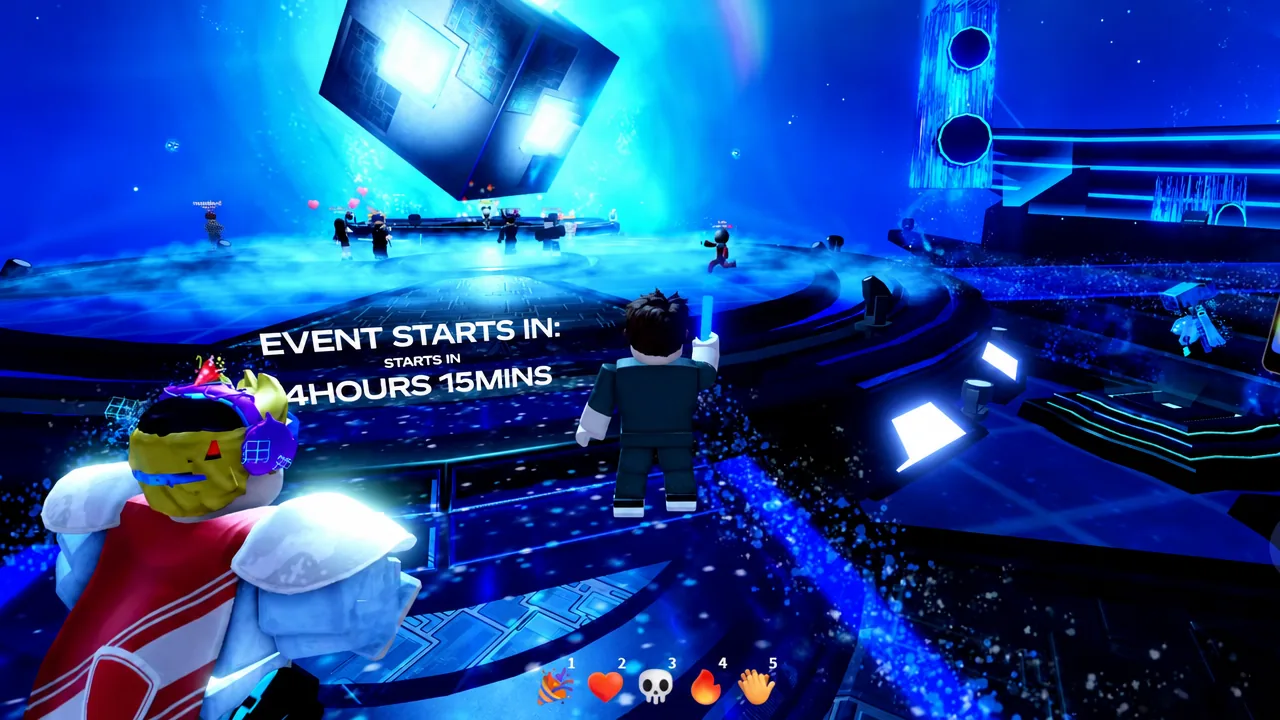 Countdown reading EVENT STARTS IN 4 HOURS 15 MINS above the stage as avatars gather