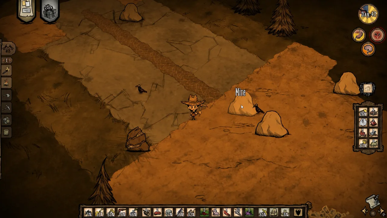 The Mine action prompt appearing over a pale boulder in a meteor field