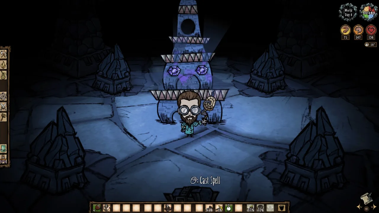 Character standing at an ancient ruin structure with the Cast Spell prompt on screen