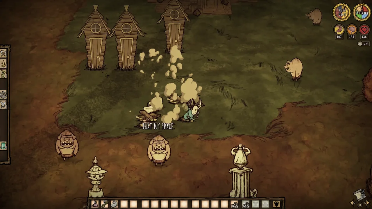 Player hammering a Pig House to recover boards, cut stone and pig skin