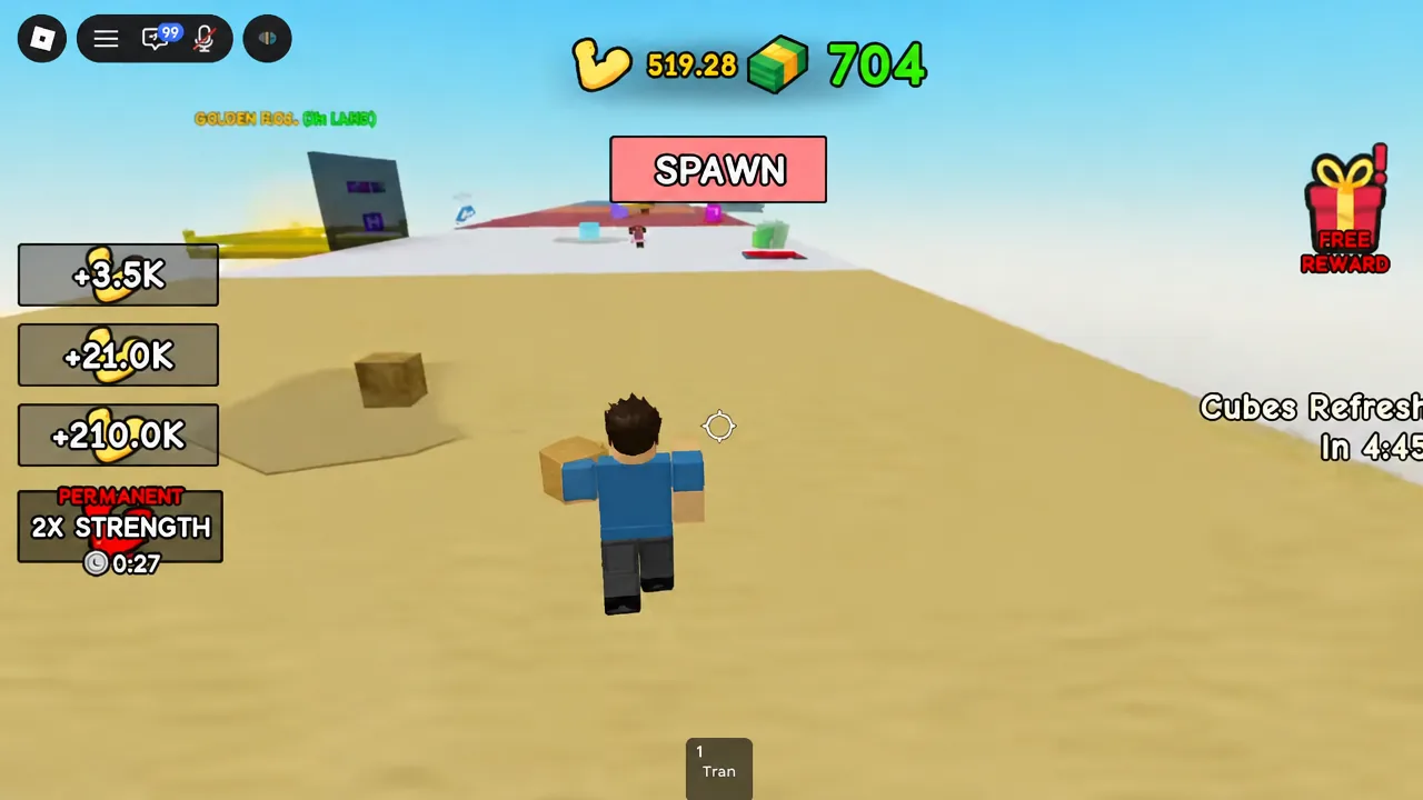 Pink SPAWN button on screen while the avatar crosses the arena